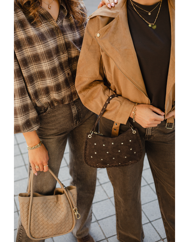 21Jewelz Bruin/camel geruite cropped blouse met pofmouwen en glitterdetails