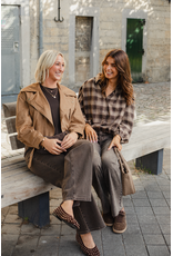 21Jewelz Bruin/camel geruite cropped blouse met pofmouwen en glitterdetails