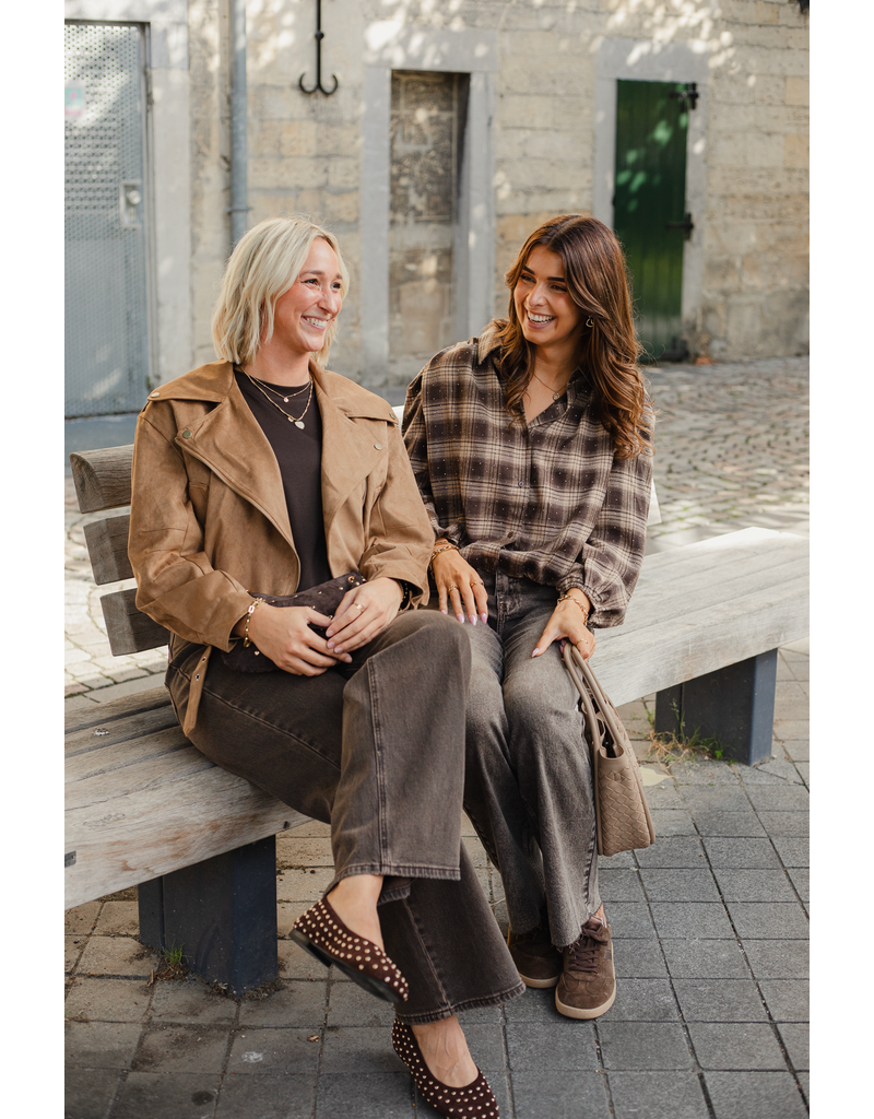 21Jewelz Bruin/camel geruite cropped blouse met pofmouwen en glitterdetails