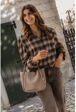 21Jewelz Bruin/camel geruite cropped blouse met pofmouwen en glitterdetails