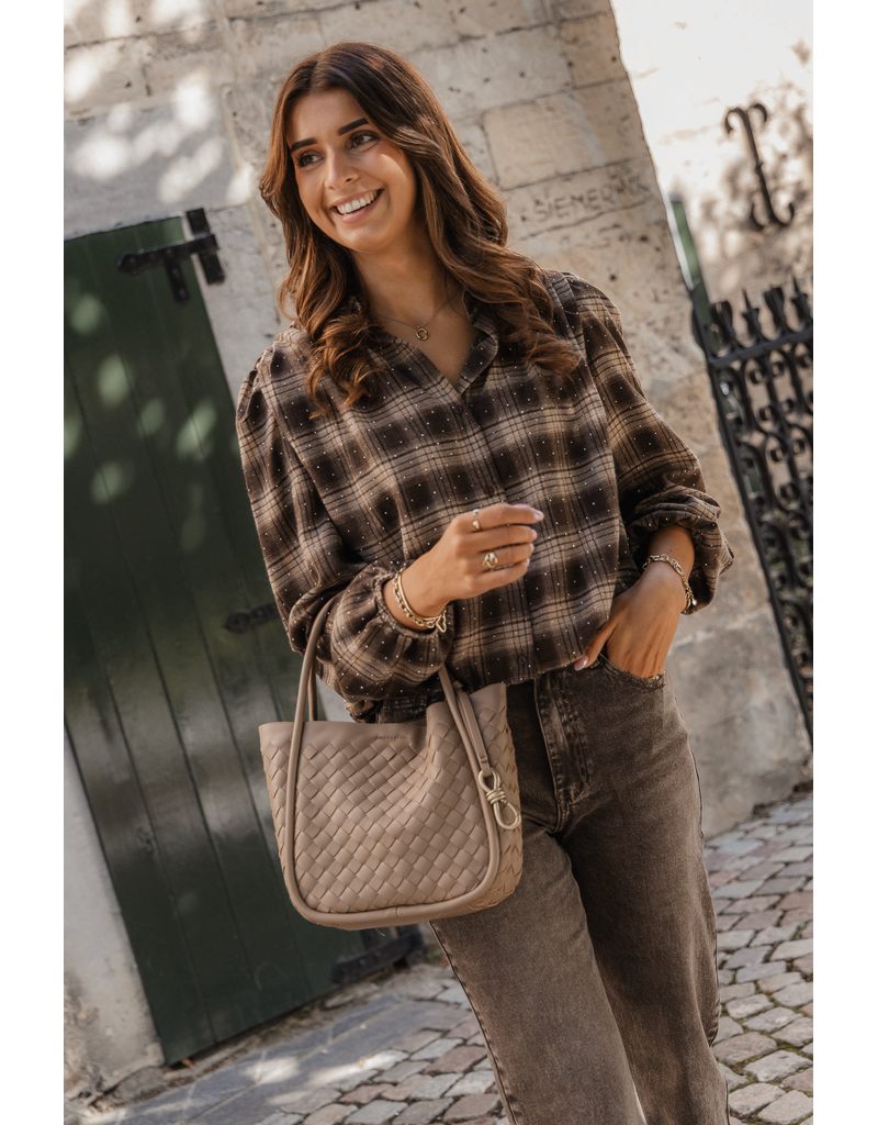 21Jewelz Bruin/camel geruite cropped blouse met pofmouwen en glitterdetails
