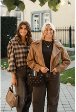 21Jewelz Bruin/camel geruite cropped blouse met pofmouwen en glitterdetails