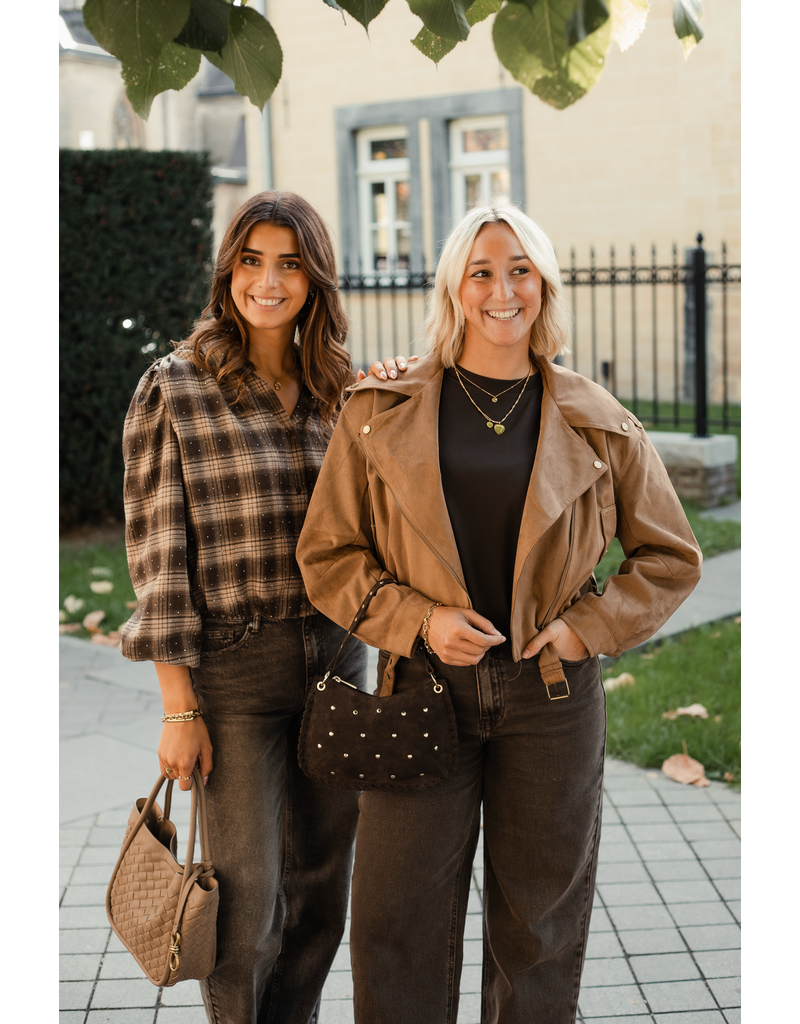 21Jewelz Bruin/camel geruite cropped blouse met pofmouwen en glitterdetails