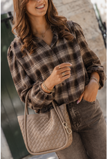 21Jewelz Bruin/camel geruite cropped blouse met pofmouwen en glitterdetails
