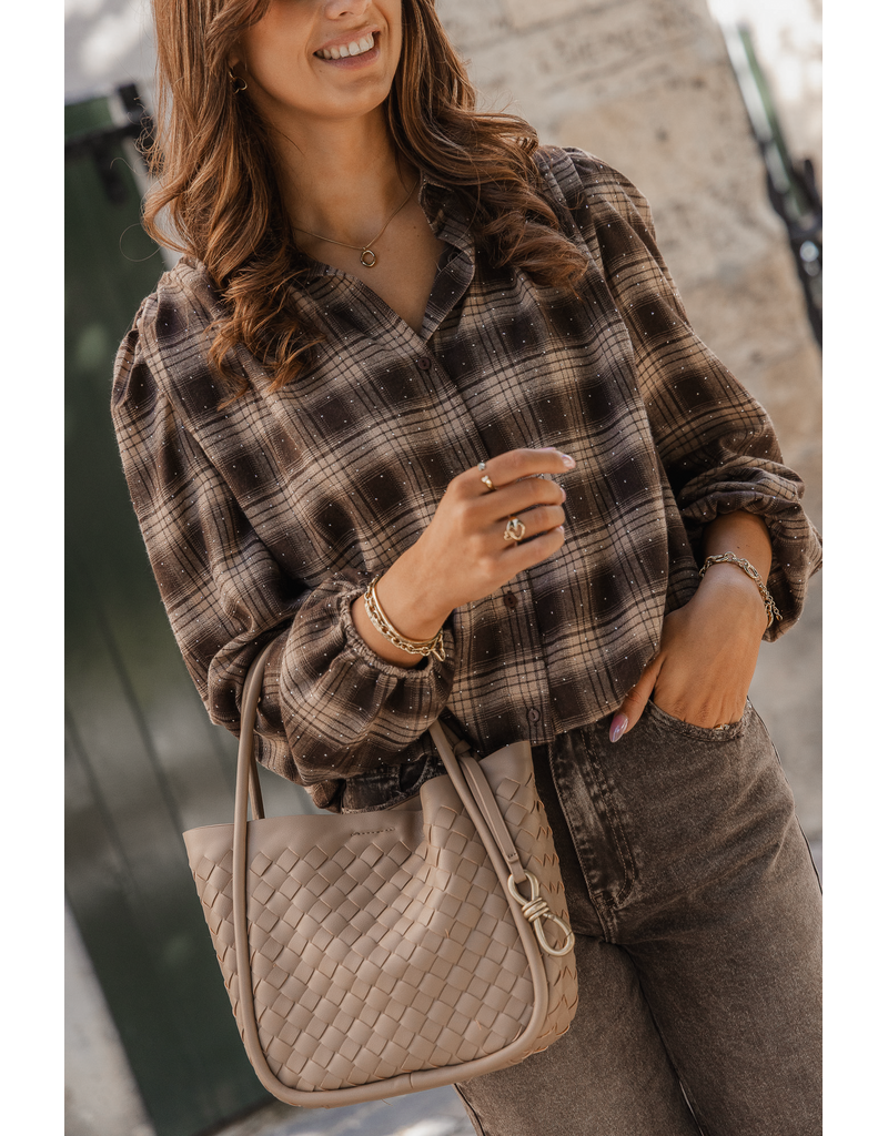 21Jewelz Bruin/camel geruite cropped blouse met pofmouwen en glitterdetails