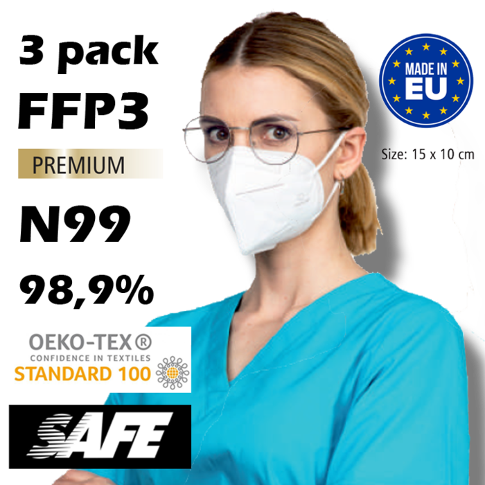 3 Stück FFP3 N99 Masken | Weiß | Hergestellt in der EU