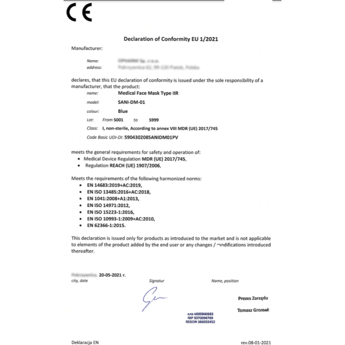 50 Masques faciaux Blue IIR Medical fabriqués en Europe