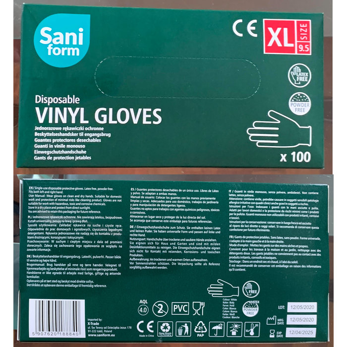 Saniform Guantes de examen de vinilo libre de látex y polvo - 100 piezas