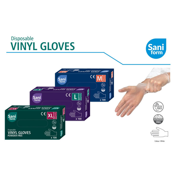 Saniform Gants d'examen en vinyle sans latex et sans poudre -100pcs