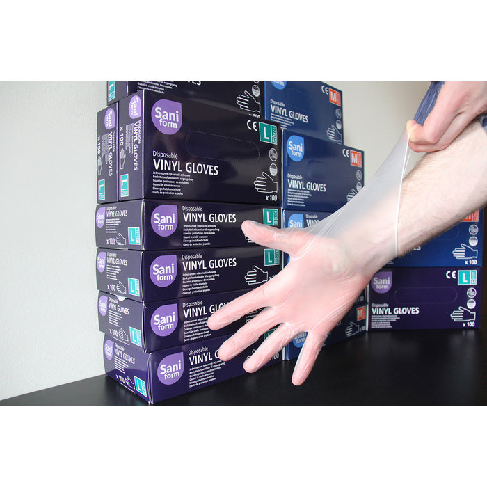 Saniform Guantes de examen de vinilo libre de látex y polvo - 100 piezas