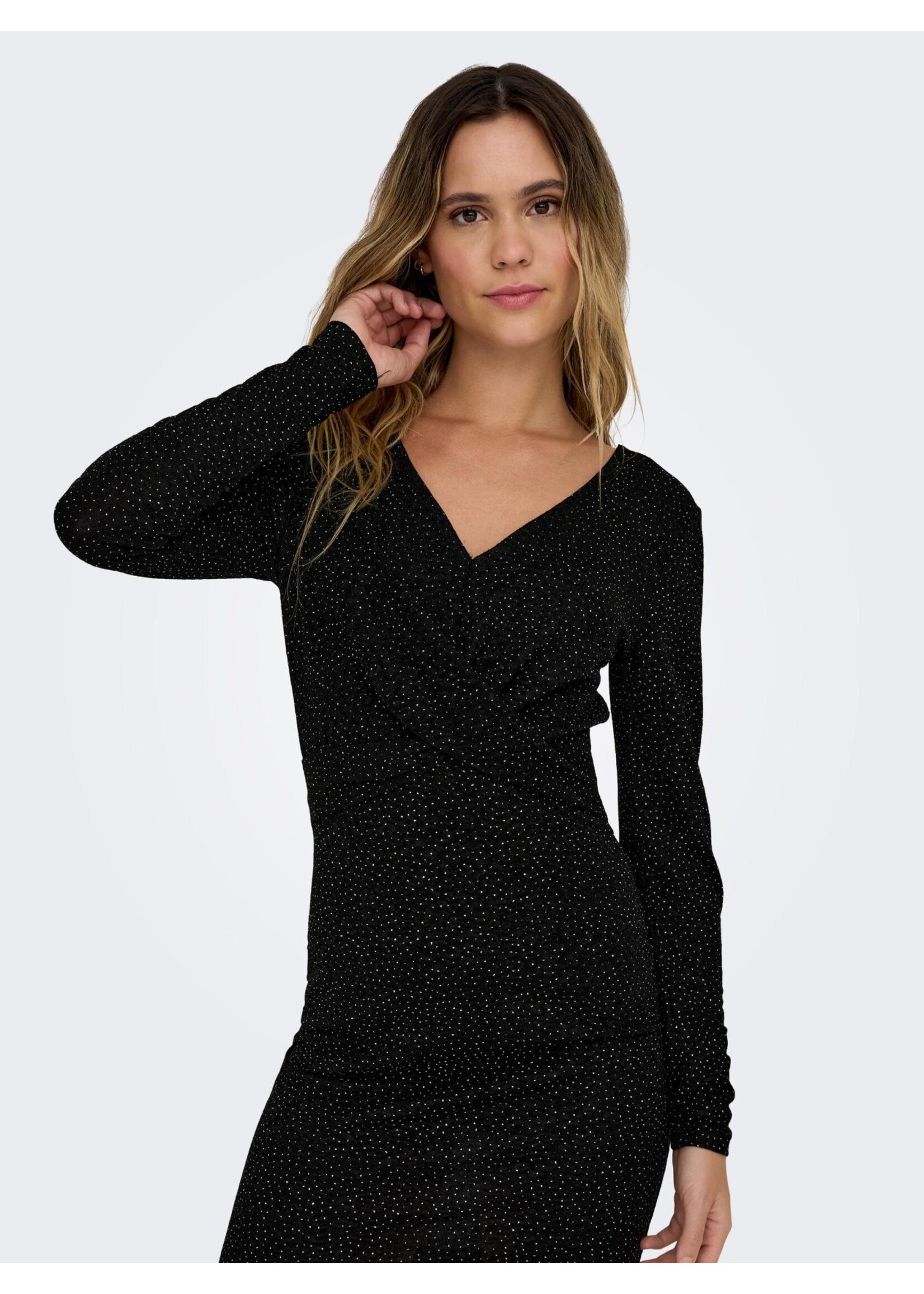 ONLY QUEEN L/S V-NECK GLITTER DRESS JRS black structure dot