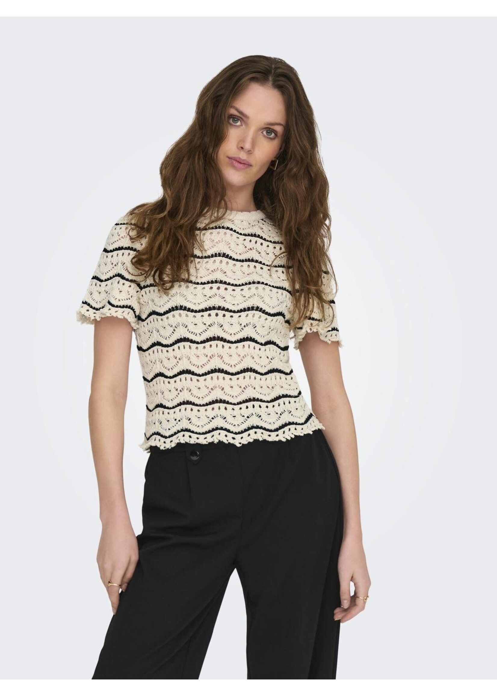 ONLY ANNASOFIA LIFE SS STRIPE O-NECK KNT birch black