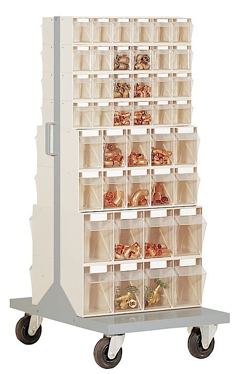 Parts storage system , mobile , with 84 clear boxes 