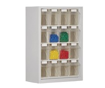 Parts storage cabinet with 16 clear boxes