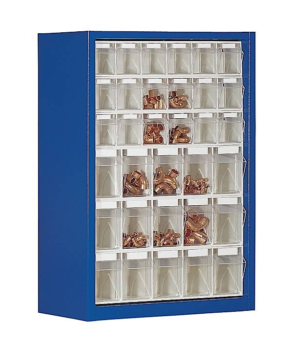 Parts storage cabinet , with 33 clear boxes 