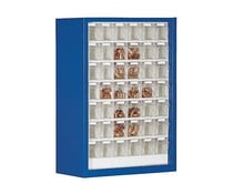 Parts storage cabinet with 42 clear boxes