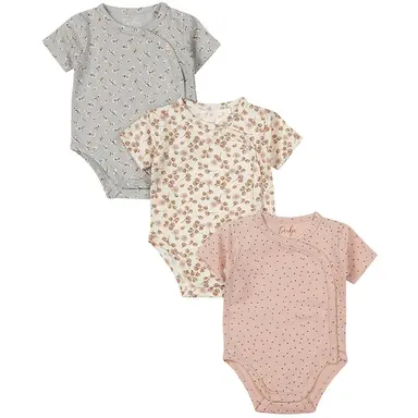 Drie rompertjes (dusty pink/off-white/faded blue)