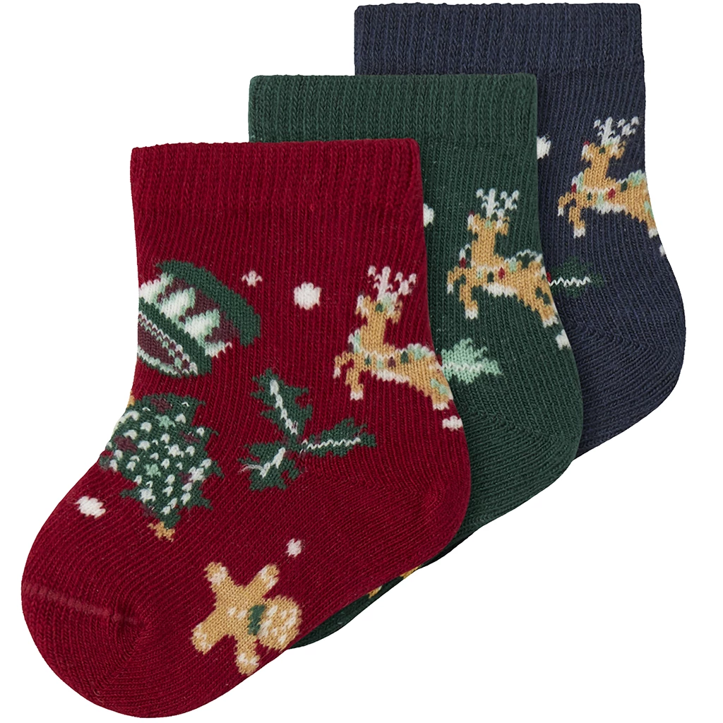 Name It-collectie KERST drie paar sokjes Vismas (jester red/navy blazer/botanical garden)