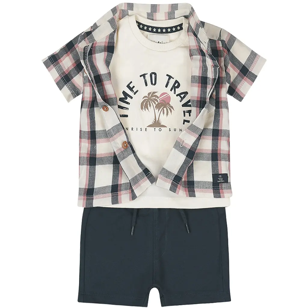 Driedelig setje (multi colour) - overhemd; t-shirtje en kort broekje