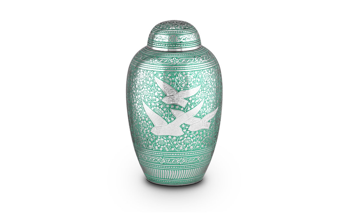 Metaal urn groen vogel