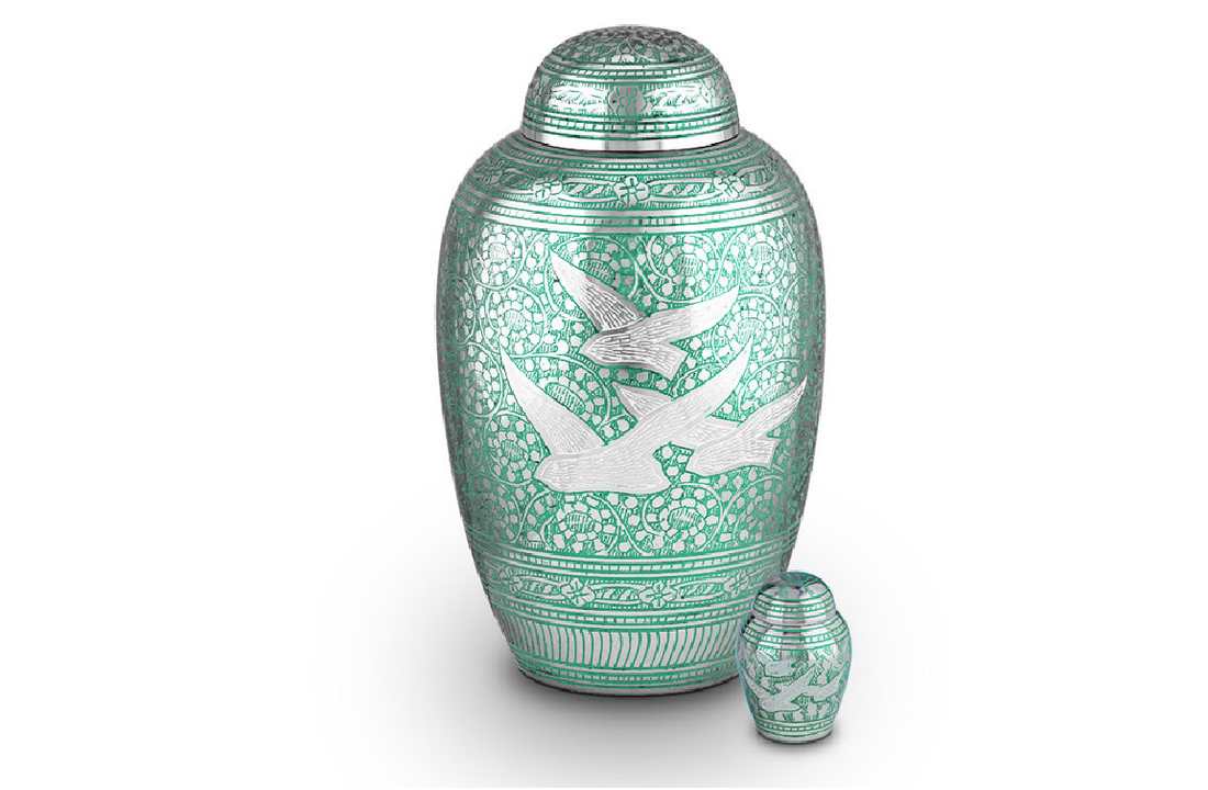 Metaal urn groen vogel