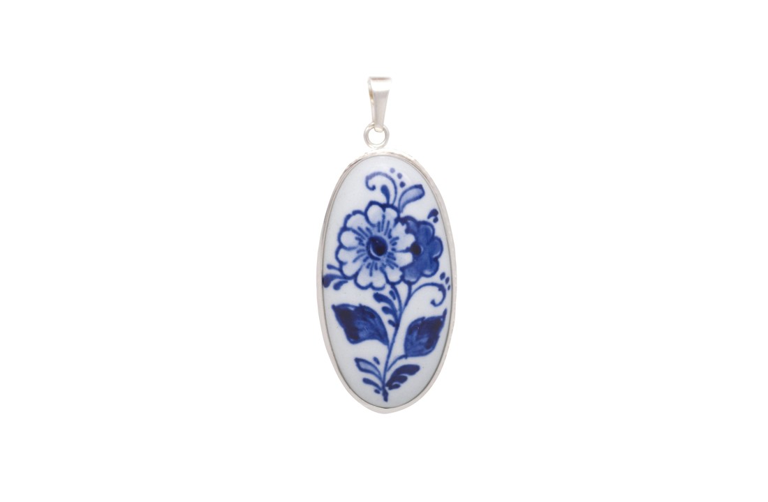 Delfts Blauw Medaillon bloem zilveren rand