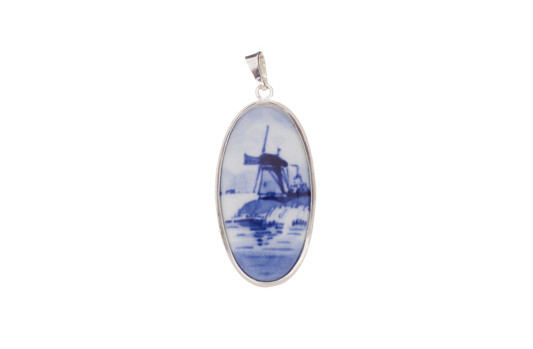 Delfts Blauw Medaillon molen zilveren rand
