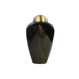 Donkerblauwe urn met bladmotief, messing afwerking - groot