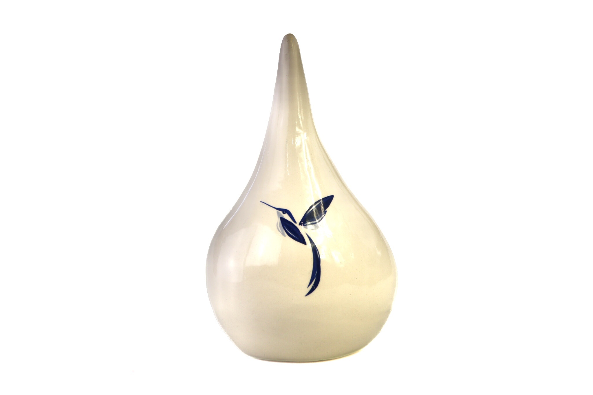 Witte druppel urn met delftsblauwe kolibrie