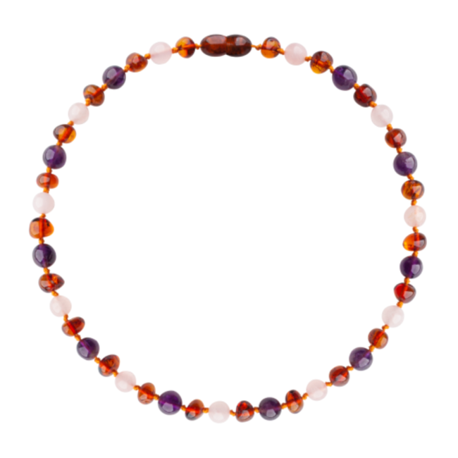 Amber Barnsteen ketting kind 38cm - Cognac amethist rozenkwarts