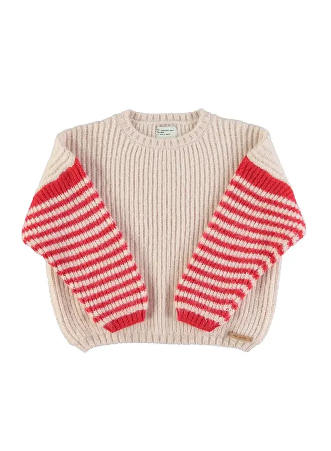 Knitted sweater | Ecru & red stripes