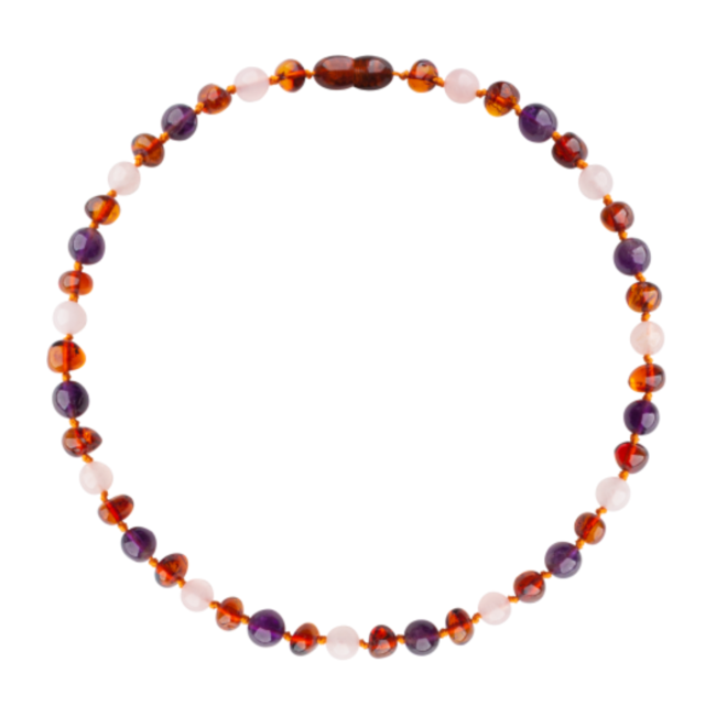 Amber Barnsteen ketting baby/peuter 32cm - Cognac roze kwarts amethist