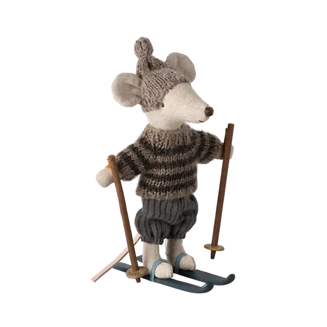 Maileg Winter mouse with ski set, Big brother - Grey