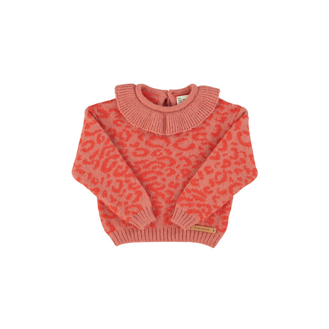 Piupiuchick Knitted sweater w/ collar | Pink w/ animal print