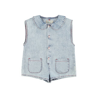 Piupiuchick short sleeveless jumpsuit | blue light denim w/ apple print