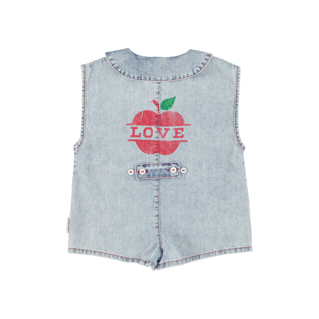 Piupiuchick short sleeveless jumpsuit | blue light denim w/ apple print