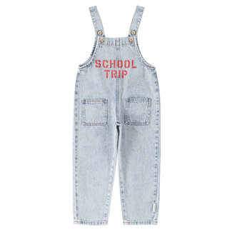 Piupiuchick dungarees | fadded light blue denim w/ "school trip" print
