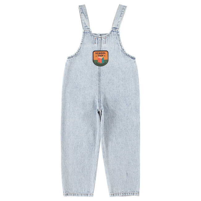 Piupiuchick dungarees | fadded light blue denim w/ "school trip" print
