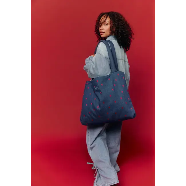 Denim Mom Bag  Dark Blue Red Hearts