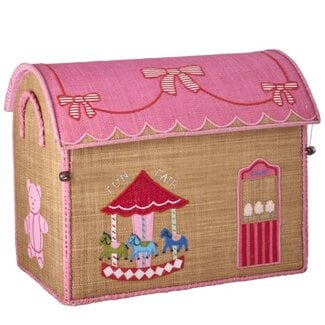 Rice Raffia Toy Basket Mand with Pink Fun Fair Theme MEDIUM