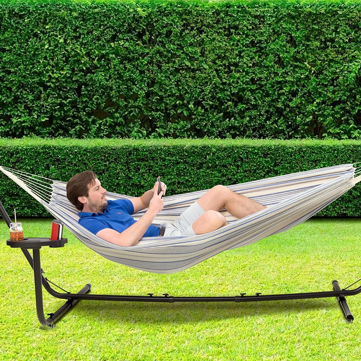Hoe dan ook Vooruitzien exegese VITA5 Cotton Outdoor Double Hammock with Frame - with Cup - Blue/White -  Vita5