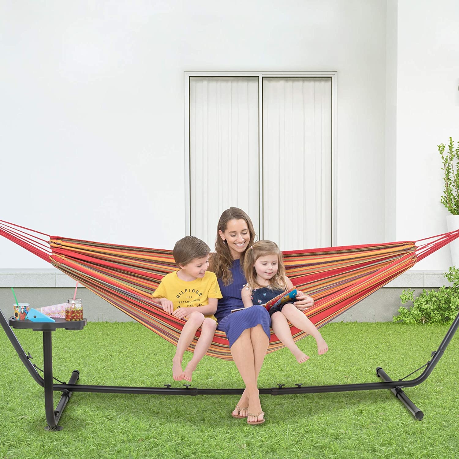 Handelsmerk Wereldbol Inefficiënt VITA5 Cotton Outdoor Double Hammock with Frame - with Cup and Book Holder -  for Up to 2 People / 205 kg - 210 x 140 cm - with Carrying Bag - Vita5
