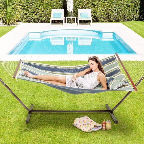 Vita5 Vita5 Hammock with Frame, Up to 2 People / 200 kg, 190 x 140 cm, Removable Pillow, Weatherproof, Dark Green / Dark Blue