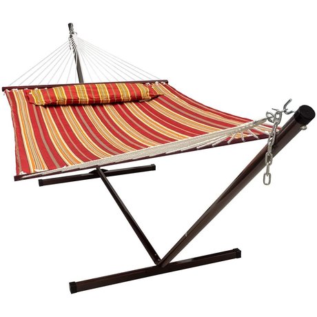 Vita5 Hangmat met Frame, Tot 2 Personen / 200 kg, 190 x 140 cm, Met kussen, UV-Resistant, Rood/Bruin