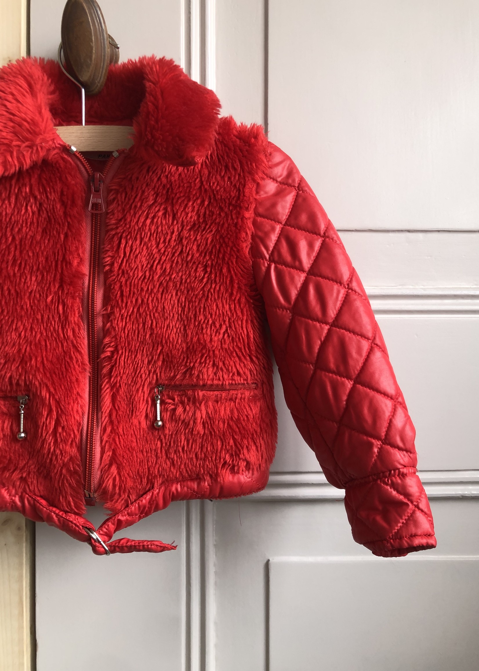Red faux fur 70's jacket + hat 18m
