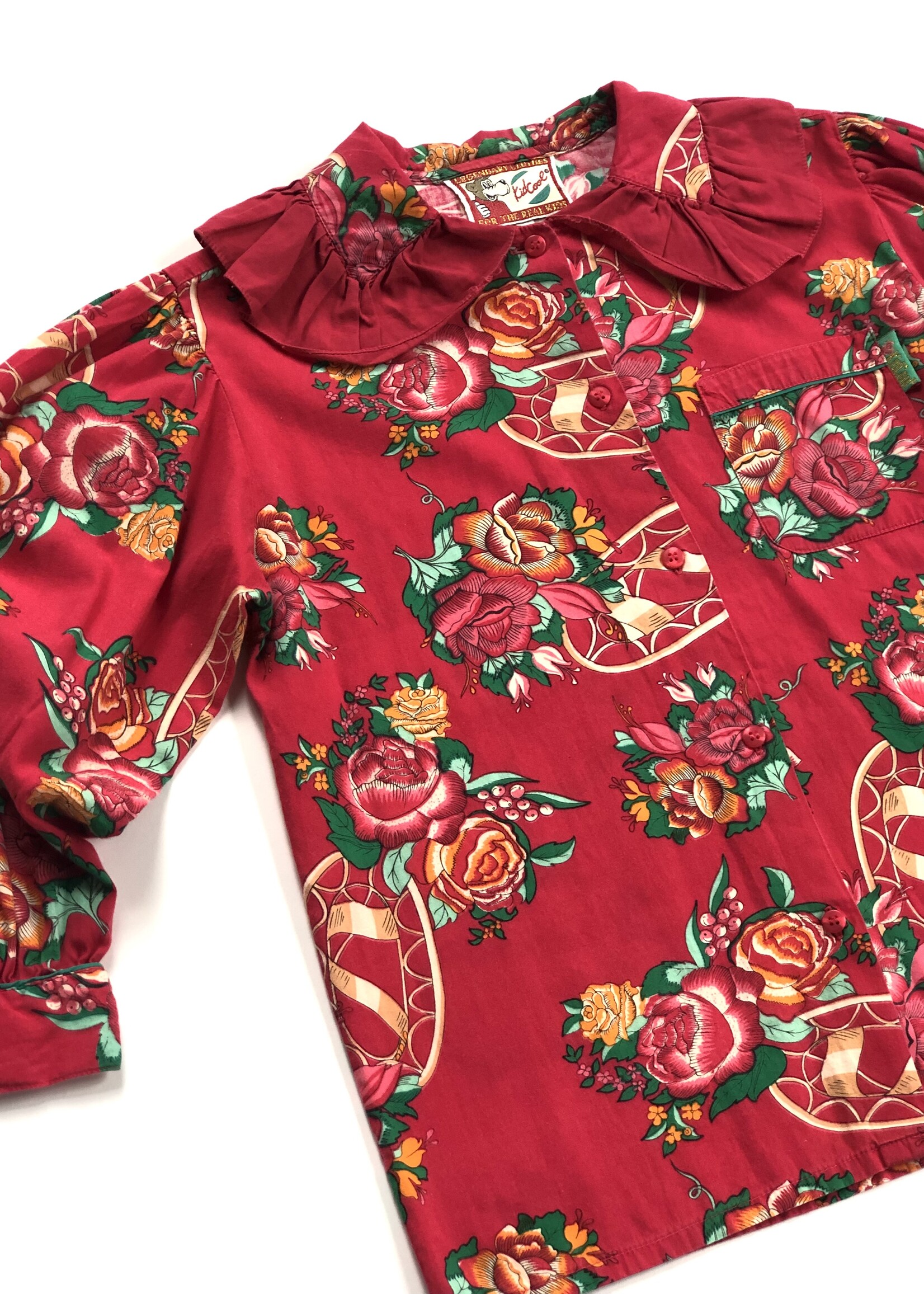 Vintage Rasberry red floral frilly blouse 10-12y