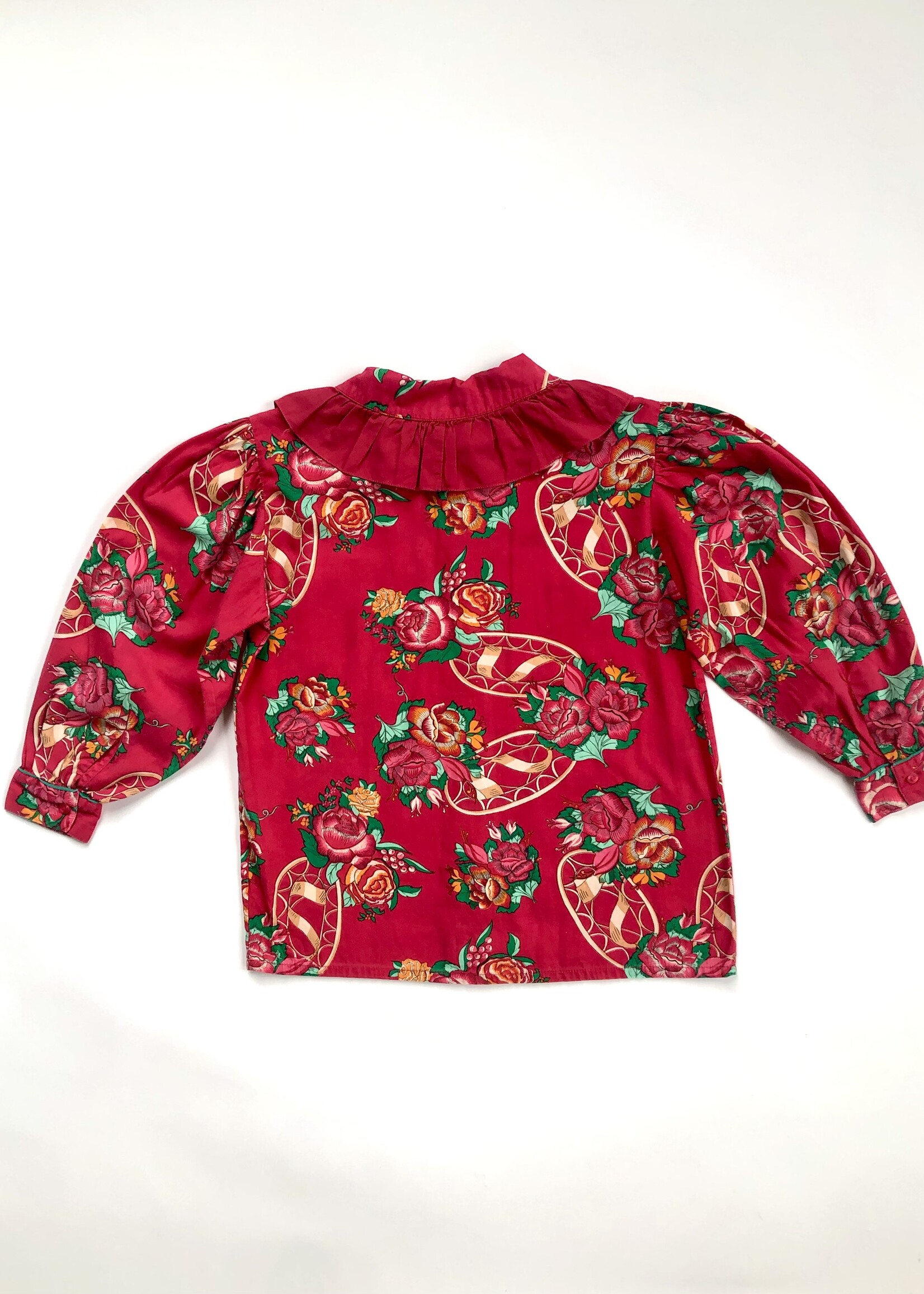 Vintage Rasberry red floral frilly blouse 10-12y