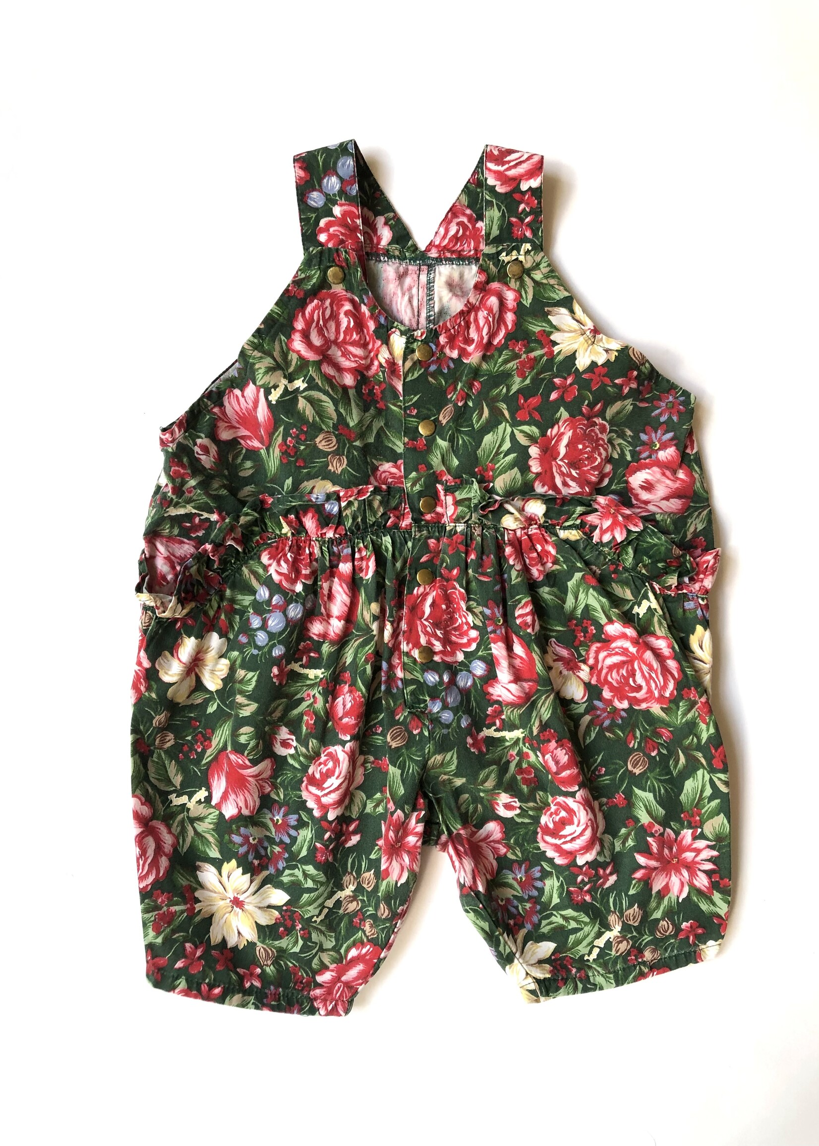 Vintage Green floral puffy dungarees 3-6m