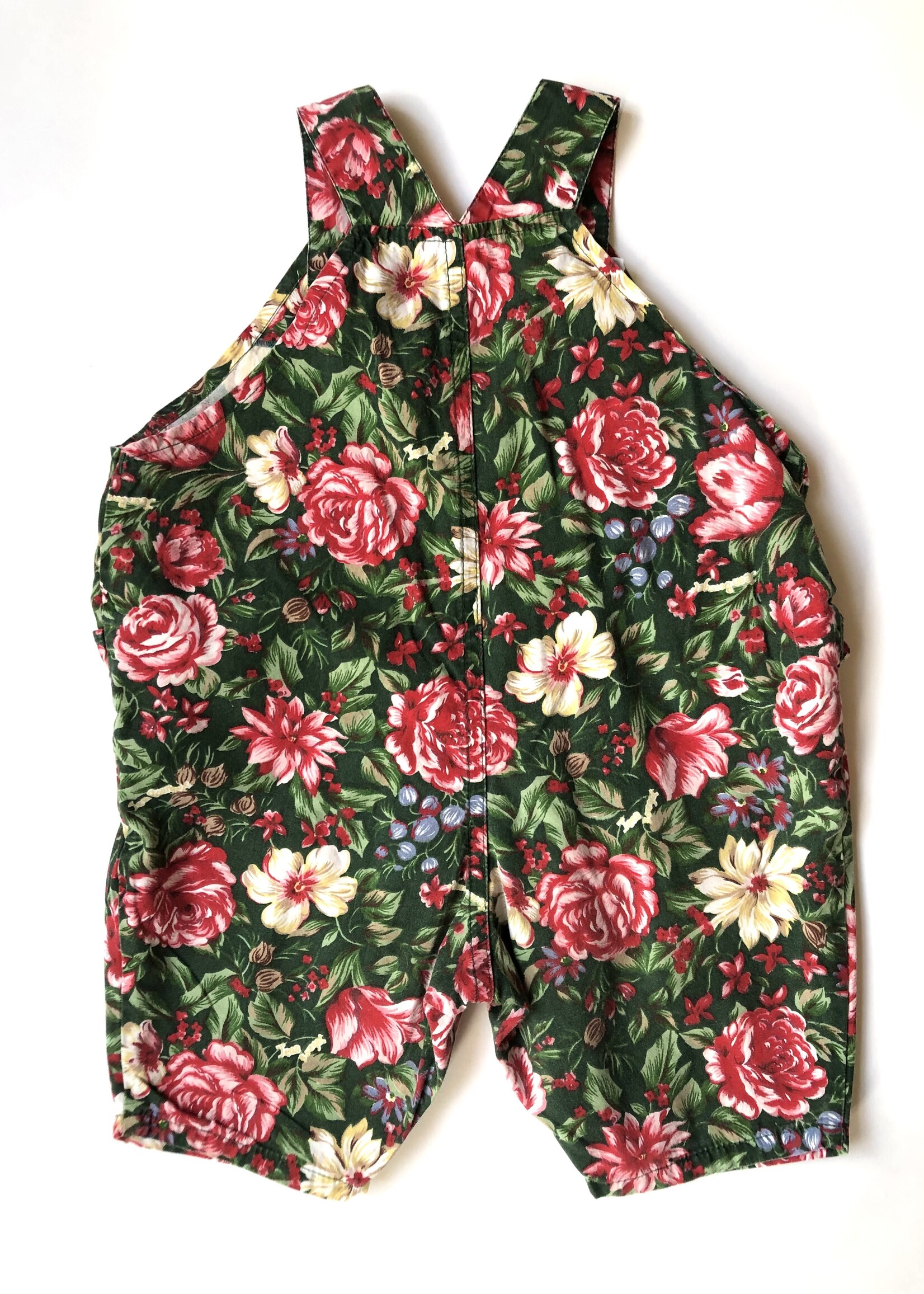 Vintage Green floral puffy dungarees 3-6m
