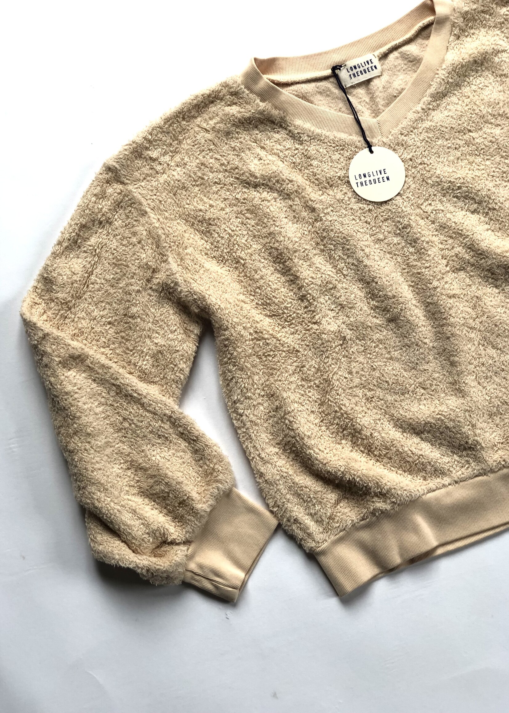 Long Live The Queen Creme terry V-neck sweater 10y